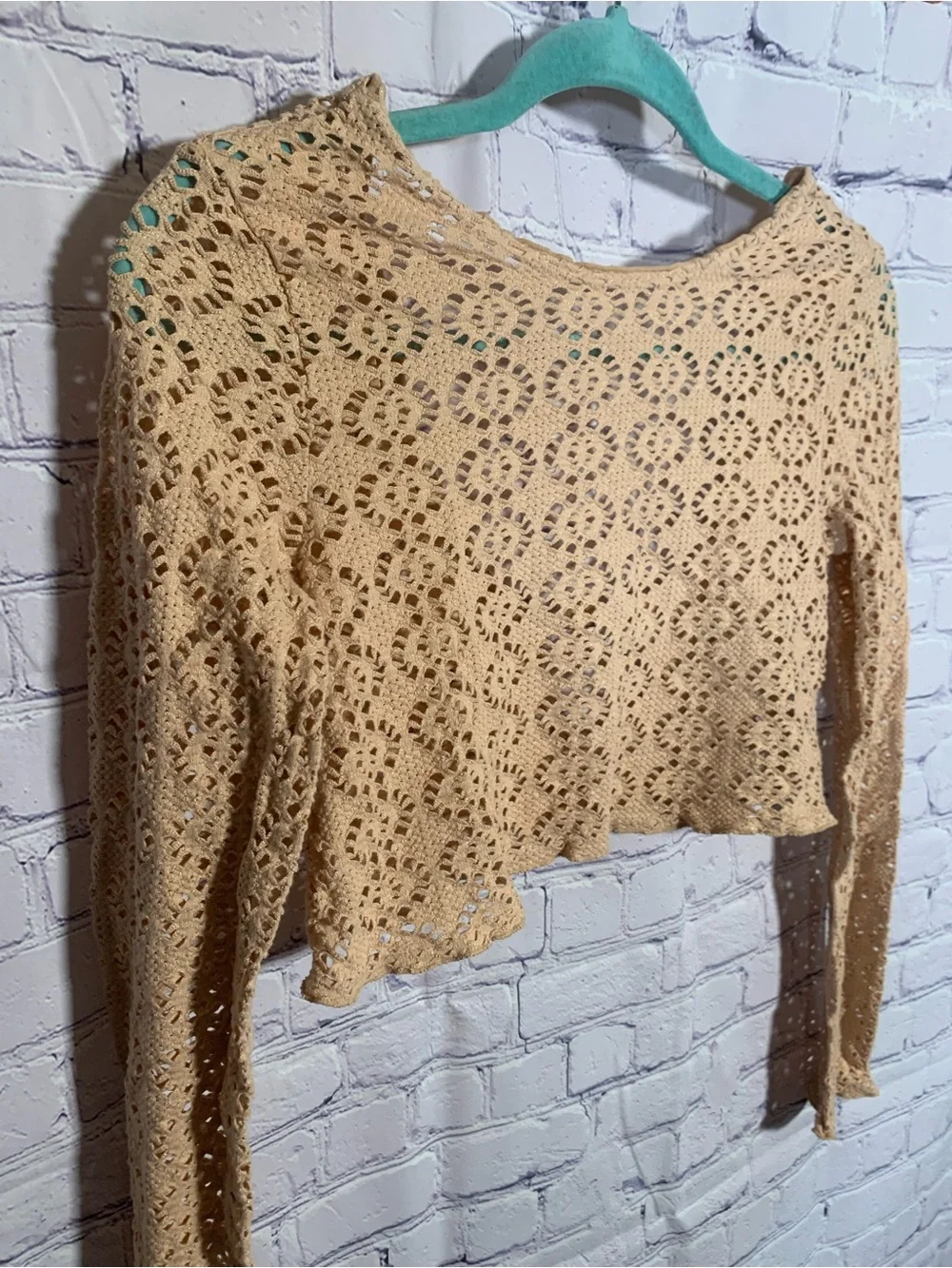 Free People Beach Womens Eyelet Long Sleeve Crop Top Tan Size XS Beach Vacation